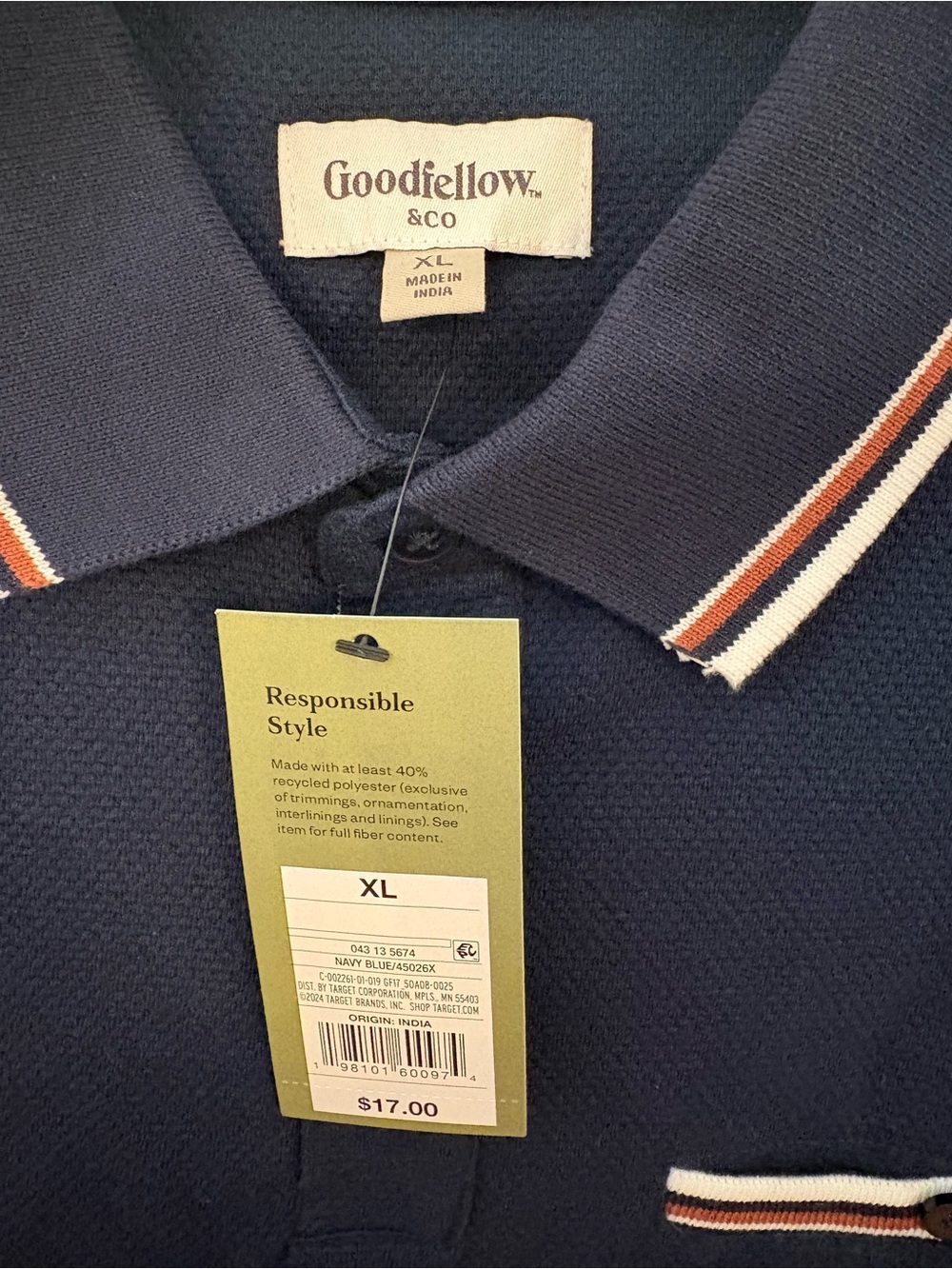 Goodfellow & Co Navy Polo with Contrast Stripe Detail